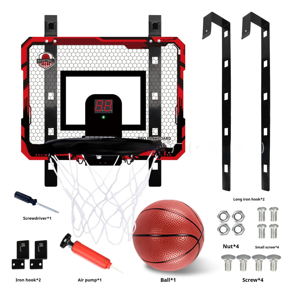 Red folding basketball frame with suction cups mounted on wall showing dual-use iron hook design