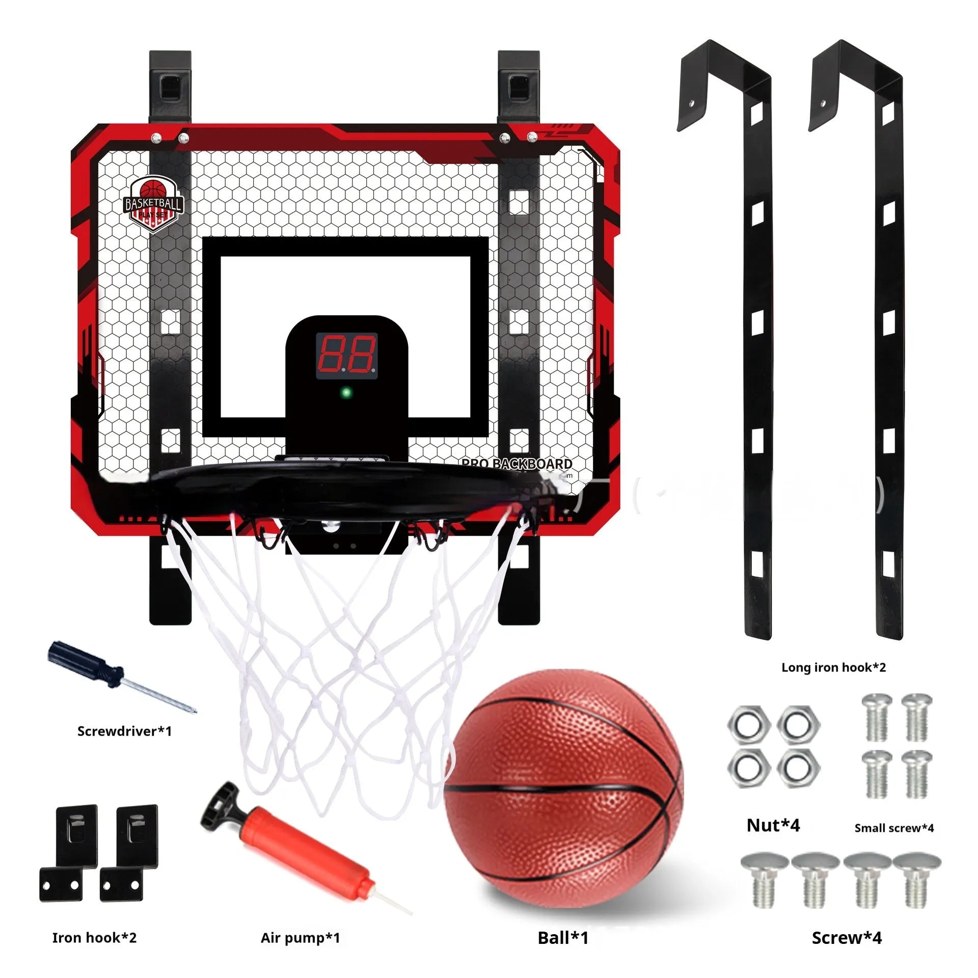 Red folding basketball frame with suction cups mounted on wall showing dual-use iron hook design