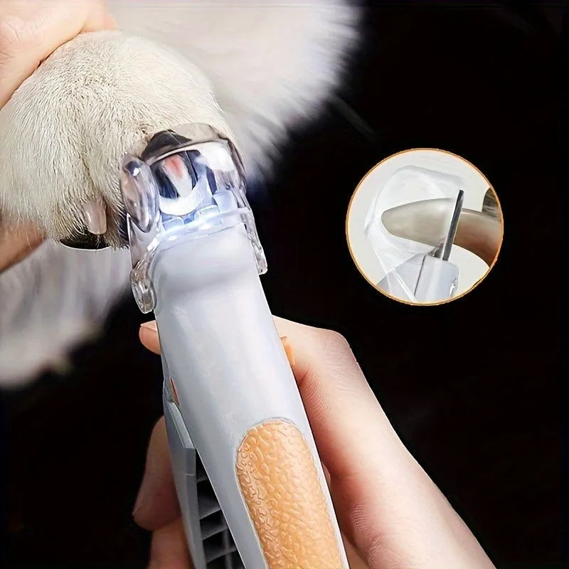 Yellow LED pet nail trimmer with magnifying glass for dogs and cats on a white background.
