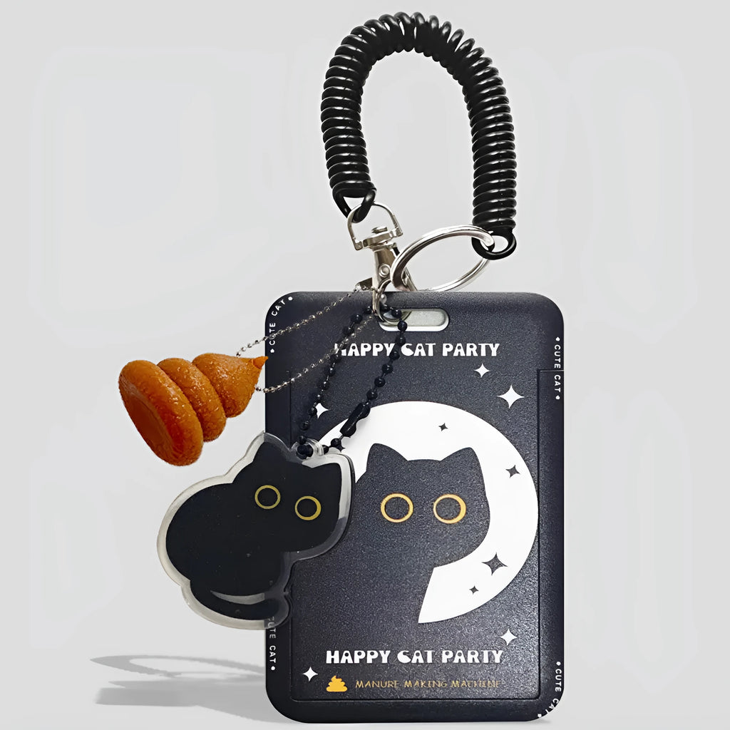 Cute little black cat cartoon design plastic card sleeve holder with a ferrule pendant clip