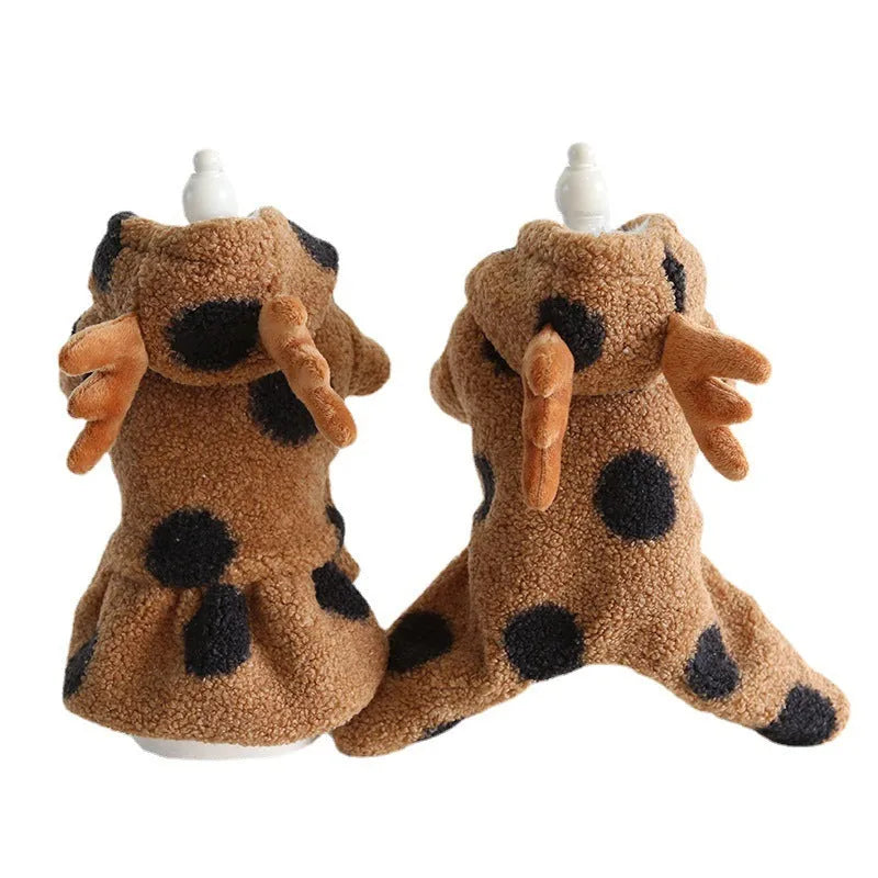 Polka dot elk couple print pet clothing for dogs or cats in skirt and four-legged styles.