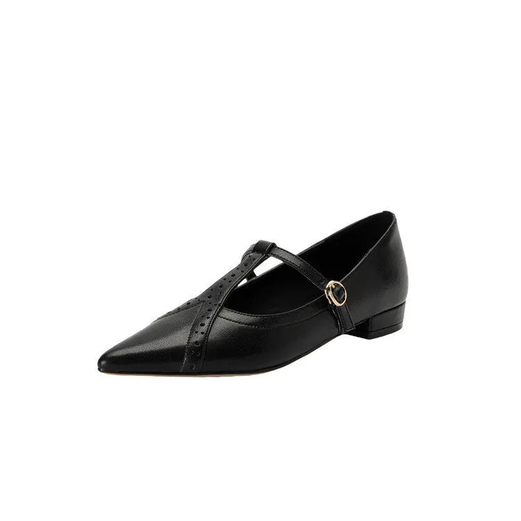 Brown women's cowhide flat shoes with round toe and mid heel for casual wear