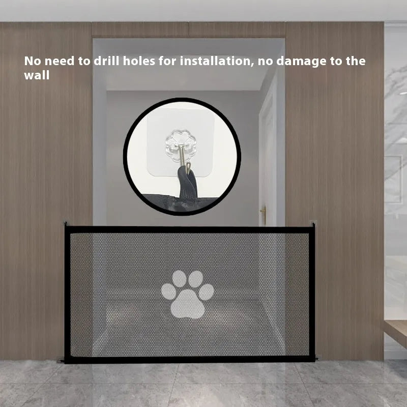 Portable folding dog barrier fence with plastic rod in black dog footprint door sill design