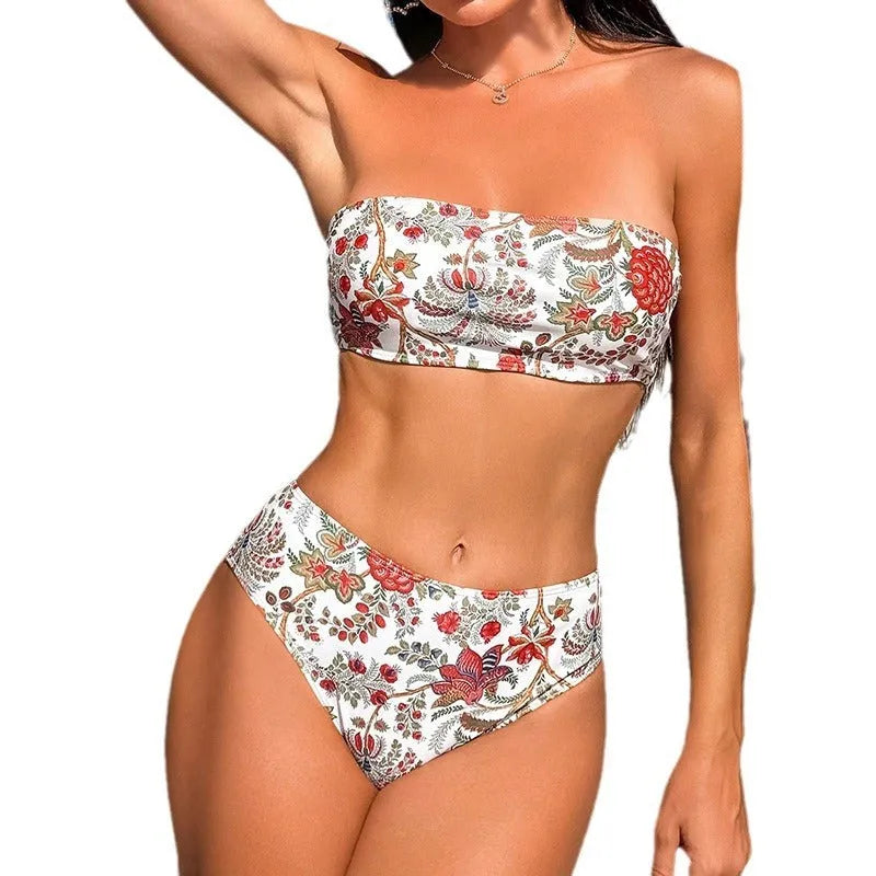 Women's printed bandeau triangle top and shorts two-piece swimsuit set
