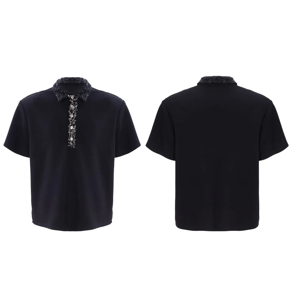 Men's black loose fit polo shirt with square collar and embroidery sequins detail on chest