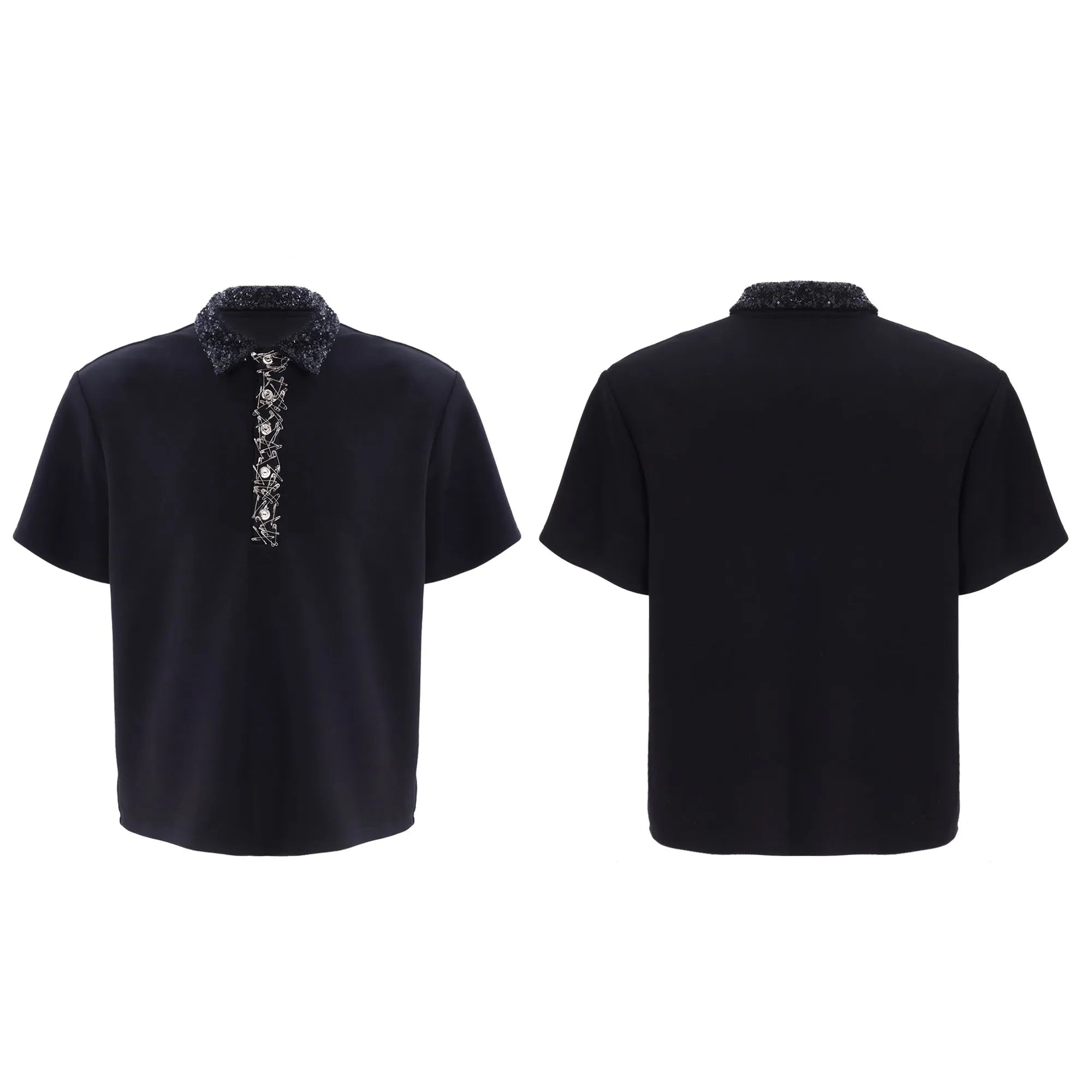 Men's black loose fit polo shirt with square collar and embroidery sequins detail on chest