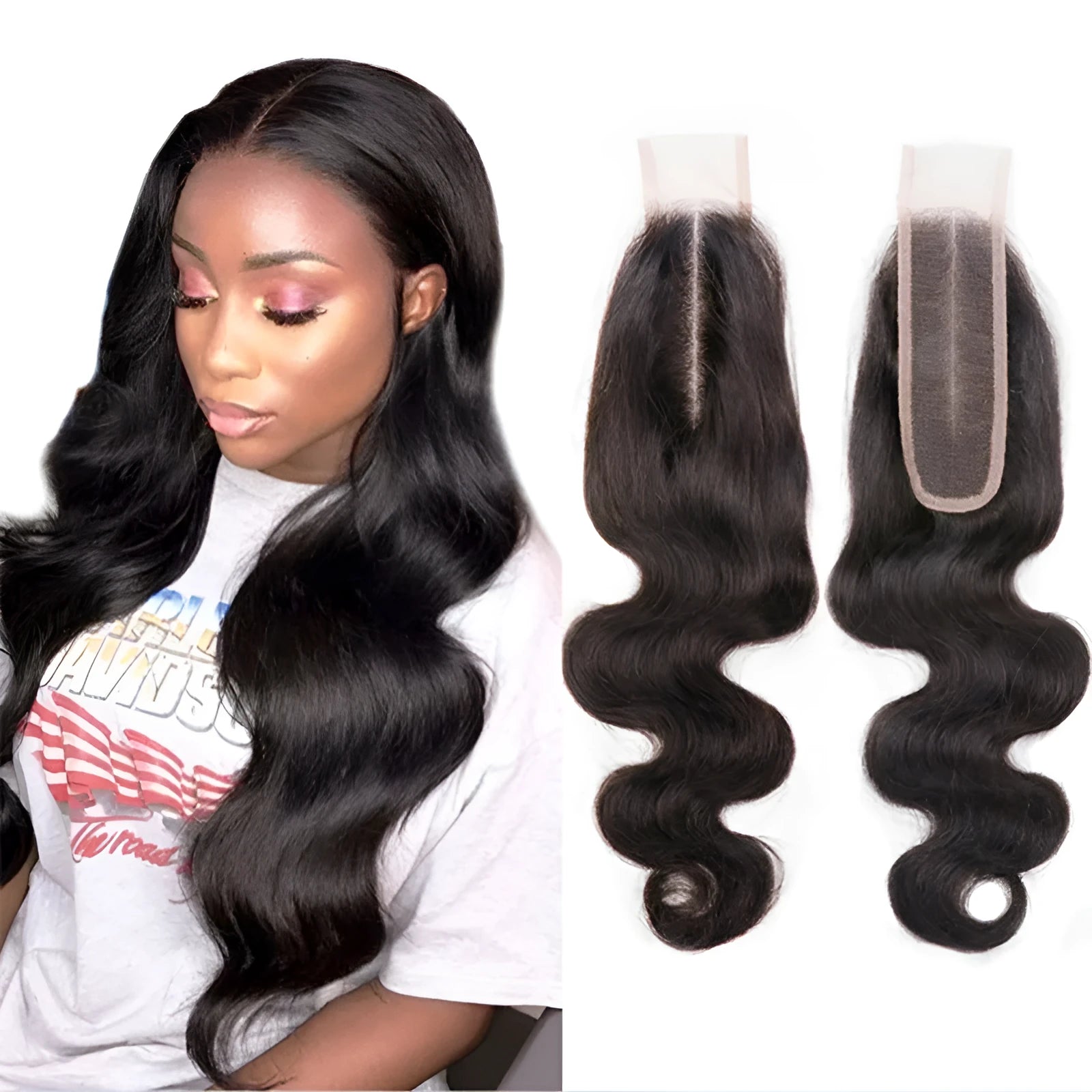 Hand-woven straight human hair wig for women in natural colour, shown in various lengths.