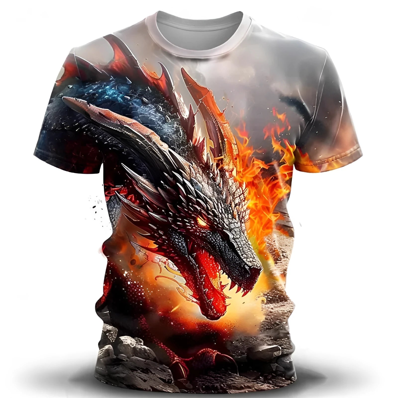 Men's grey T-shirt with a detailed 3D blue and white wind dragon print on the chest.