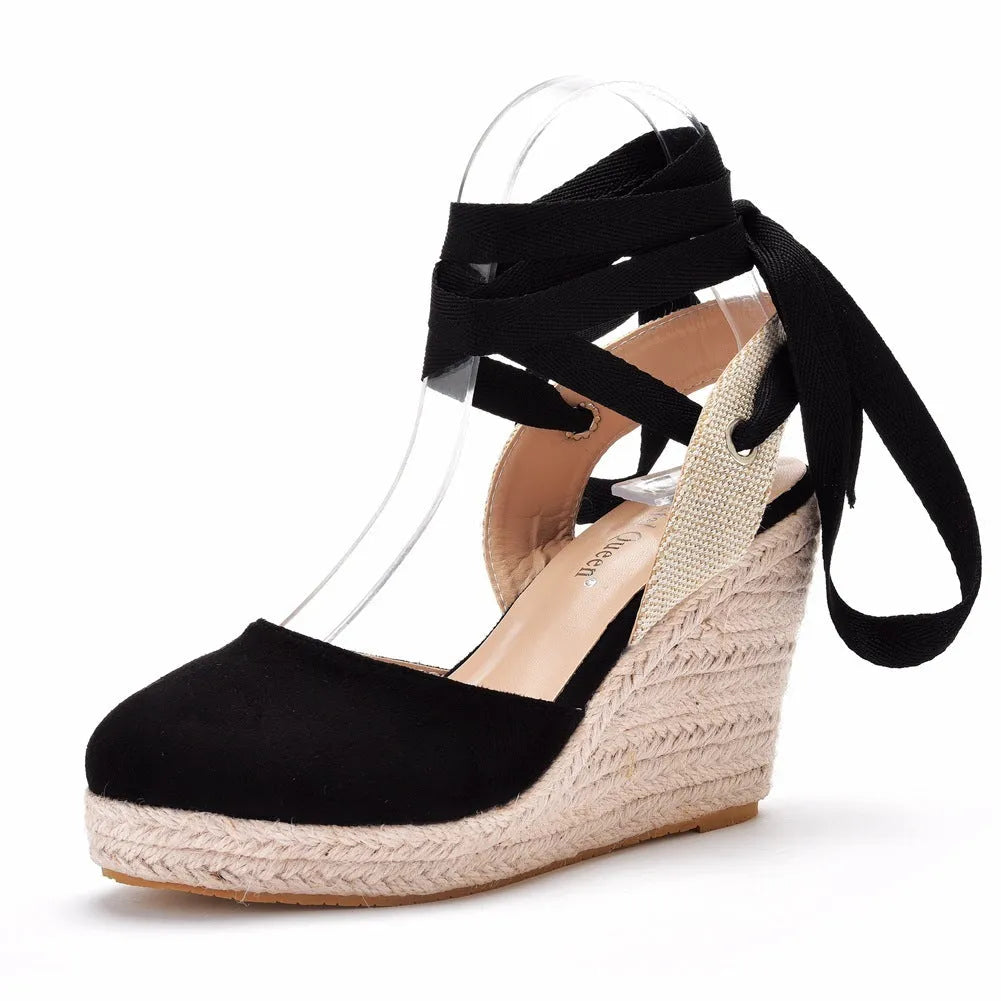 Women's apricot wedge sandals with beaded tassel buckle, Fish Mouth toe, and embossed artificial PU upper.