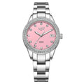 Silver stainless steel ladies watch with diamond bezel, luminous hands, and round 34mm dial.