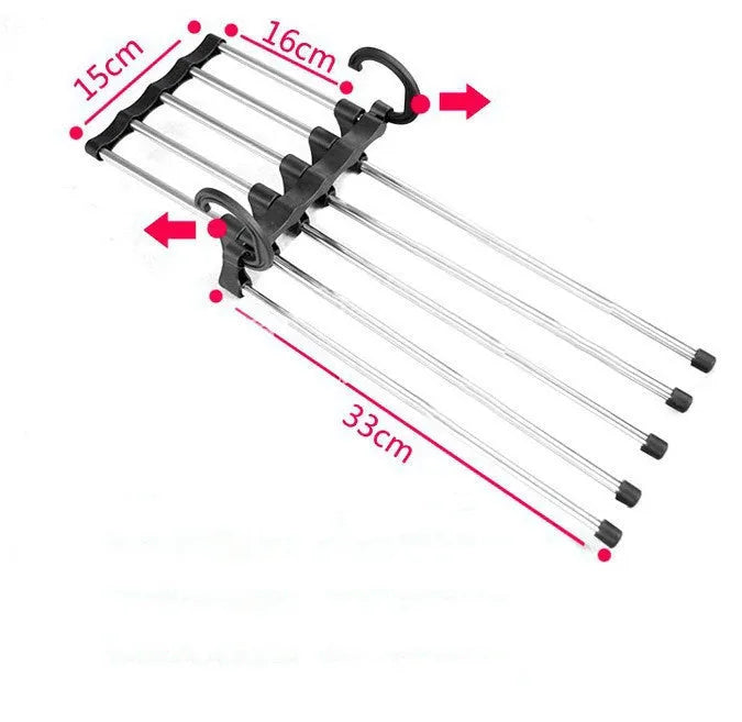 5 in 1 stainless steel pants hanger with five detachable booms and hooks on each rod end, black, 47x18cm