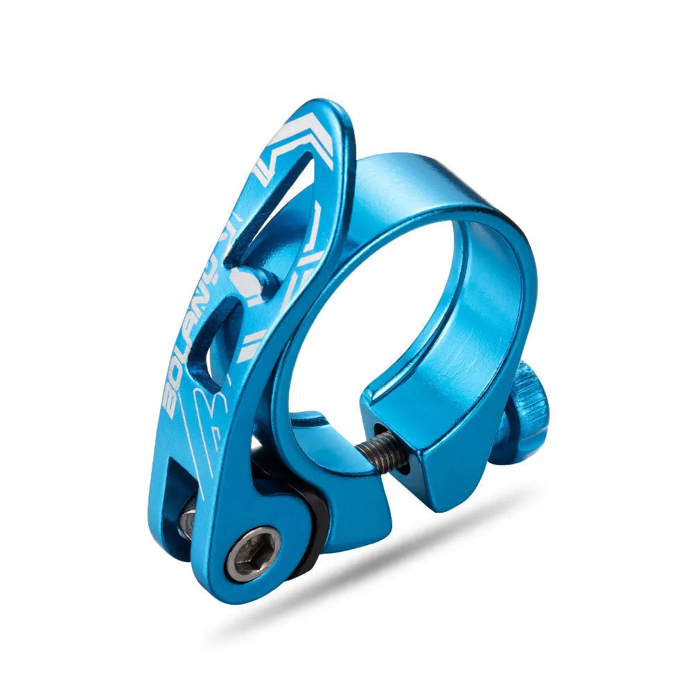 Aluminium mountain bicycle seat post clamp in black, blue, gold, or red.