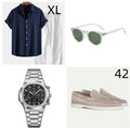 Casual loose fit short sleeve suit set in cotton linen blend, shown in navy blue colour with included glasses, shoes, and watch.