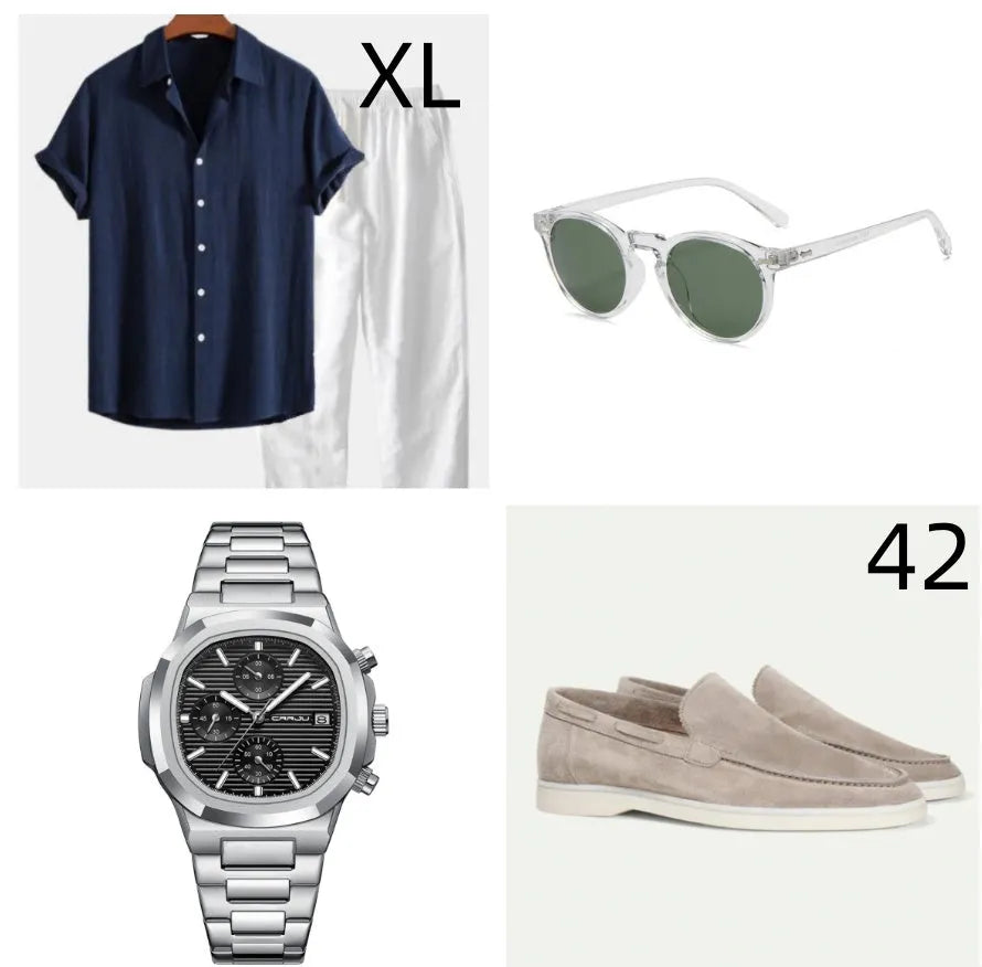 Casual loose fit short sleeve suit set in cotton linen blend, shown in navy blue colour with included glasses, shoes, and watch.