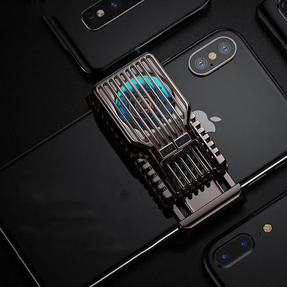 Black mobile phone radiator with clip, aluminium alloy body, attached to a smartphone for cooling.