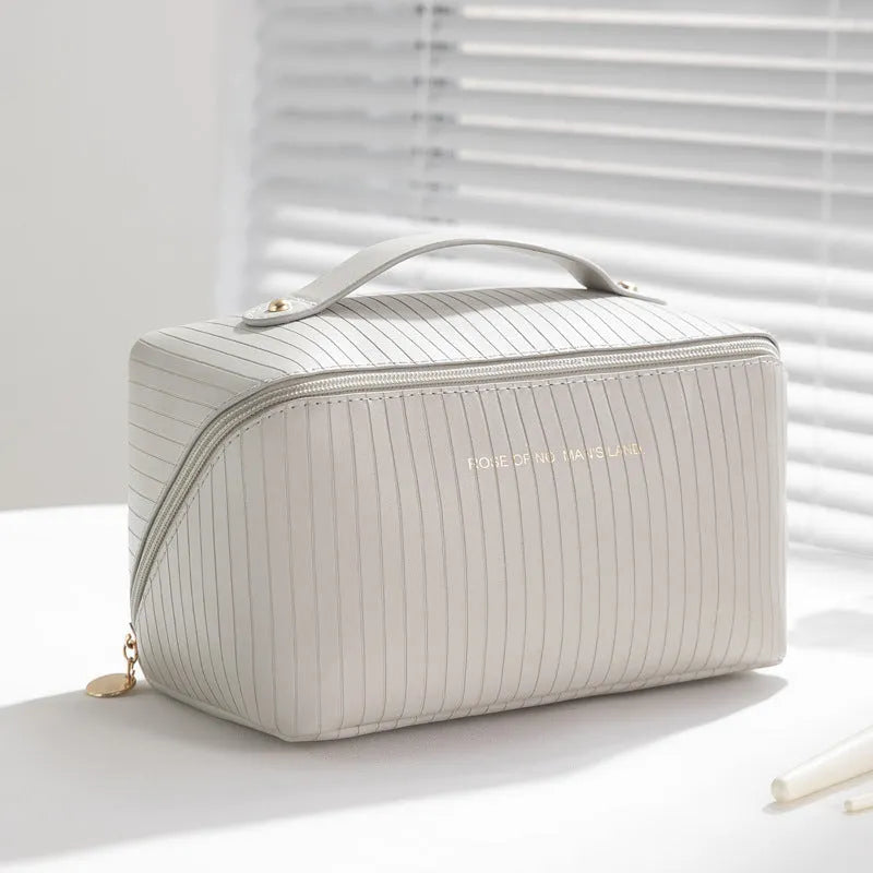 Vertical pattern pillow makeup bag cubic shape 22.5cm PU material travel organiser