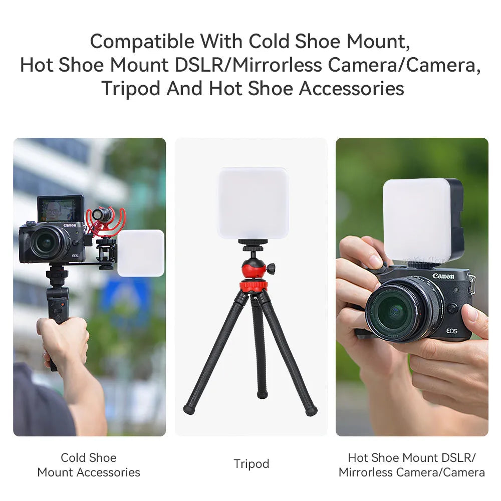Square-shaped mini LED camera flash with hot shoe mount on a small tripod stand.