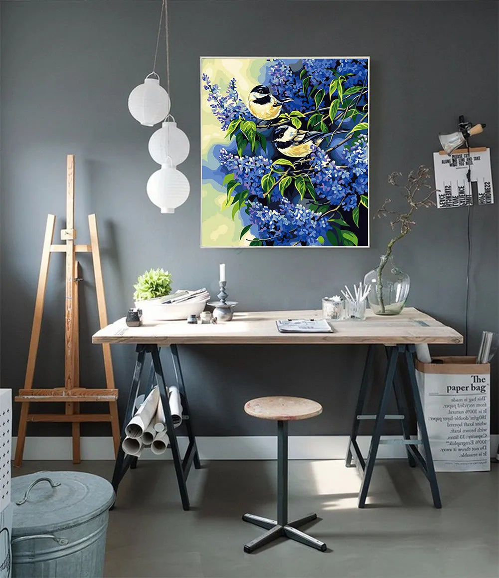 DIY digital oil painting kit with sunflower landscape design, solid wood frame, 40x50cm canvas, Branch Bird colour