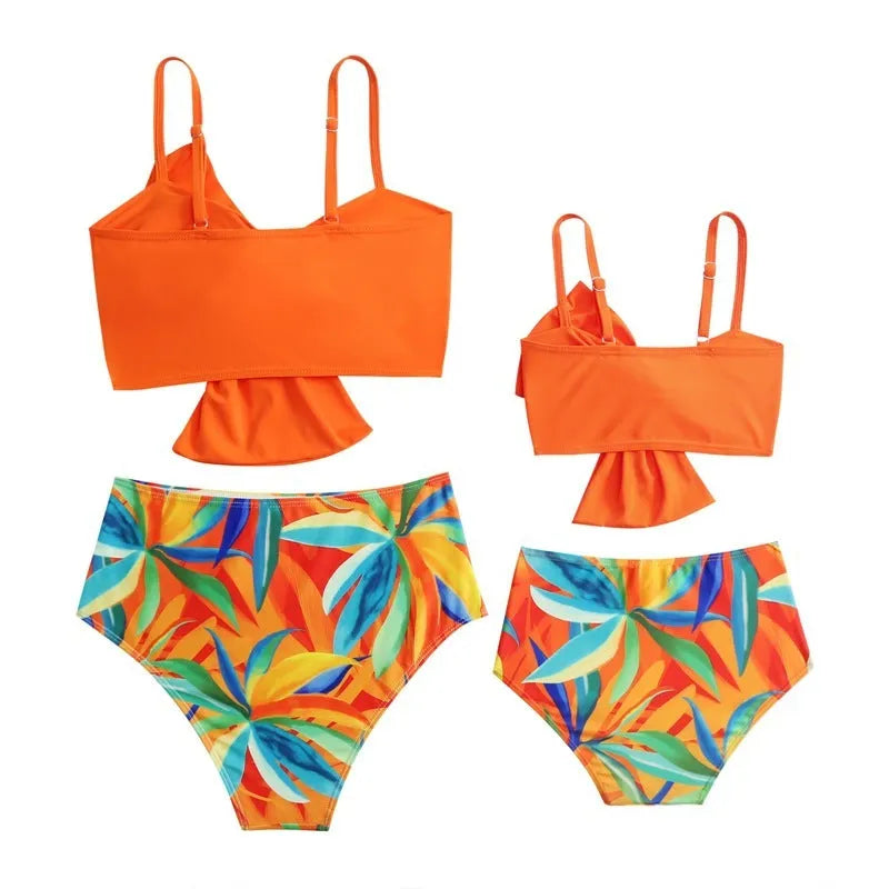 Women's big bow bikini print swim trunks set in nylon fabric, two-piece swimsuit with bow detail