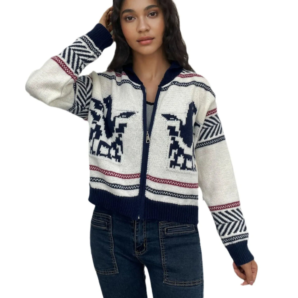 White women's zip-up cardigan with contrasting jacquard stripes and lapel collar