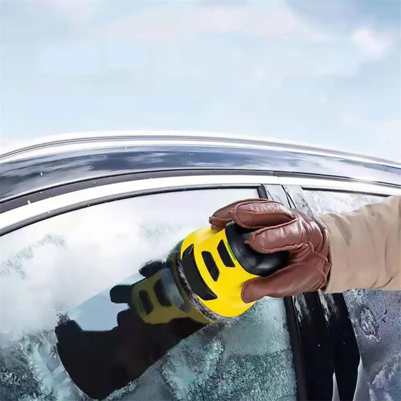 Cordless electric snow scraper in yellow ABS plastic with charging cable, measuring 118mm tall