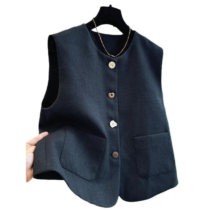 French style bandage vest for women in milky white, sleeveless round neck design.