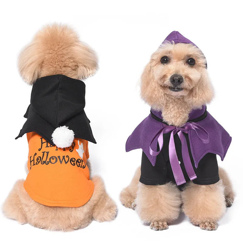 Halloween pumpkin two-piece dog clothes set in orange cotton with separate shawl, sizes S to XXL