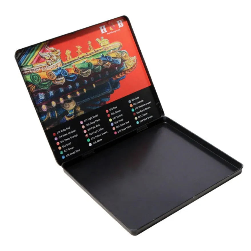 Water-soluble coloured pencil set with 24 colours in iron storage box showing pencil dimensions