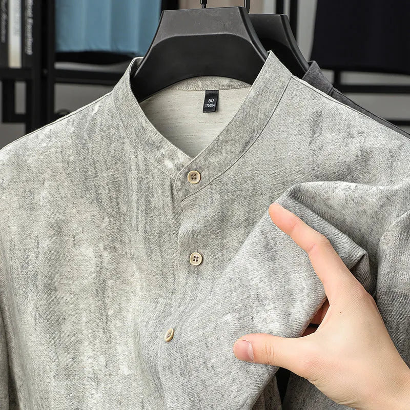Men's grey linen blend short sleeve cardigan shirt with stand collar on a hanger