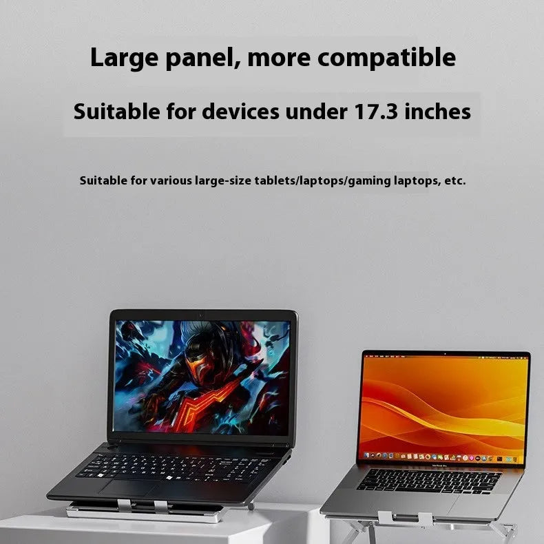 Super light aluminium alloy folding notebook cooling rack with cooling function, open on a desk showing slim profile