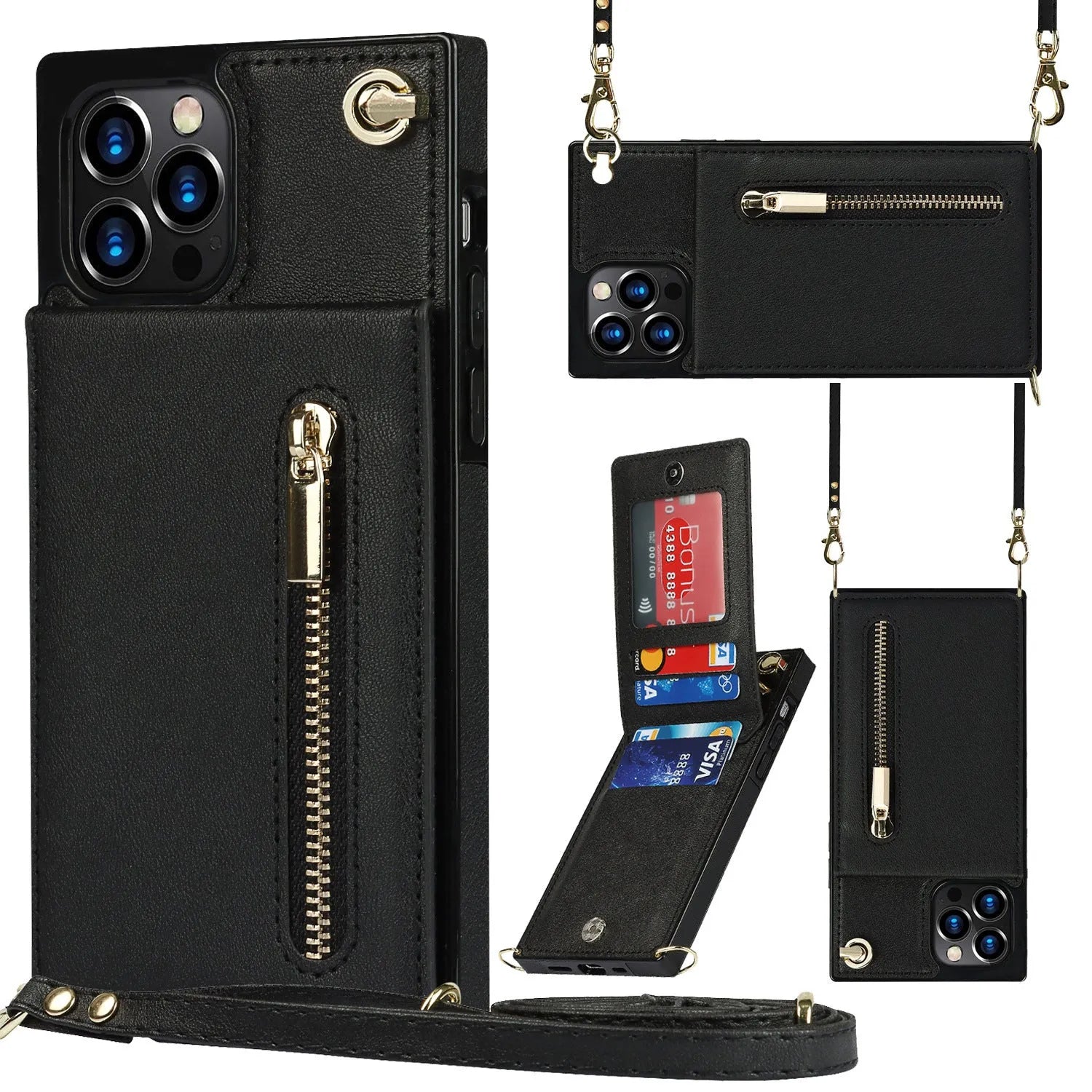 Leather and TPU protective phone case for smartphone in black, green, purple, red, and rose gold colours.