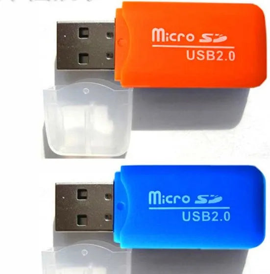 Mini USB TF memory card reader with a separate SD card adapter on a white background.