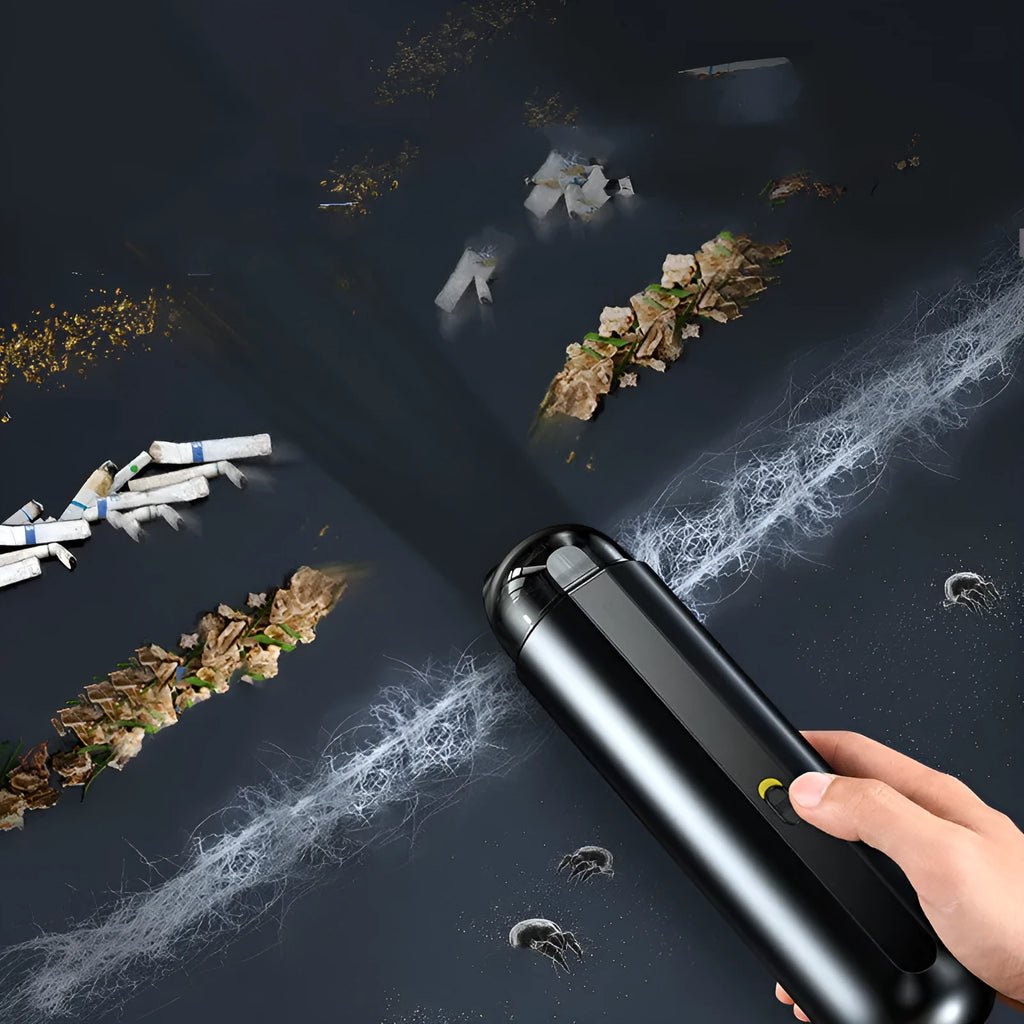 Baseus handheld cordless car vacuum cleaner in black, white, or green with suction and blow functions.
