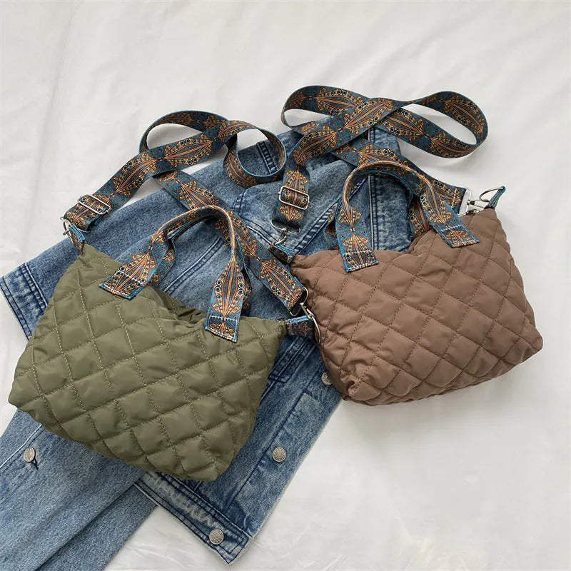 Horizontal square Oxford cloth messenger bag with single shoulder strap and embroidery details