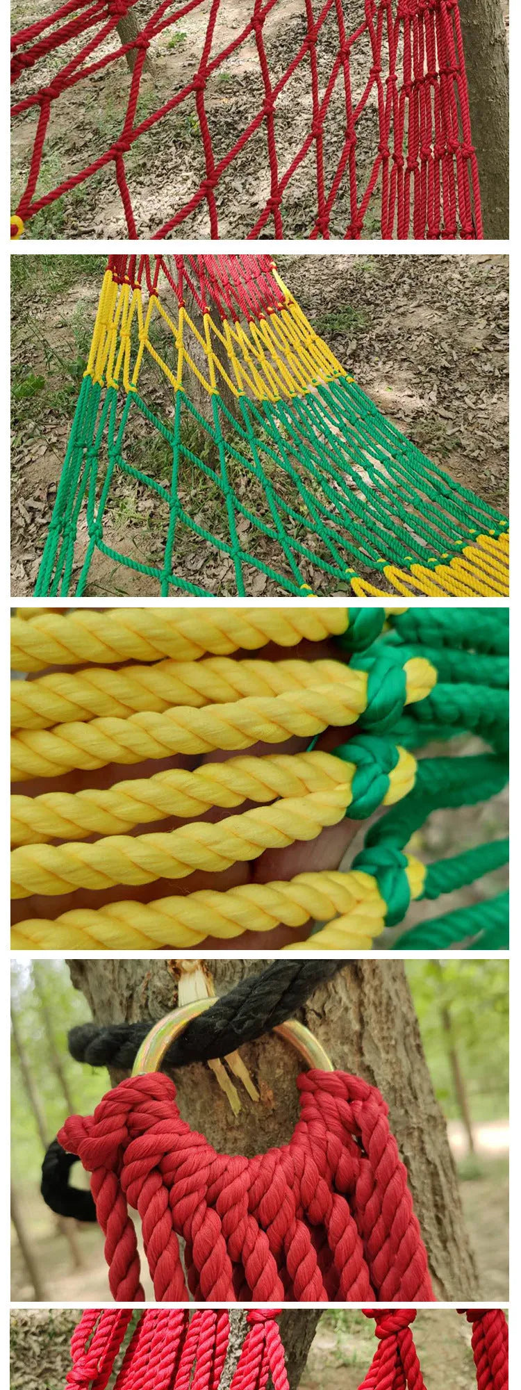 Nylon rope mesh hammock hung between two trees in a garden setting.