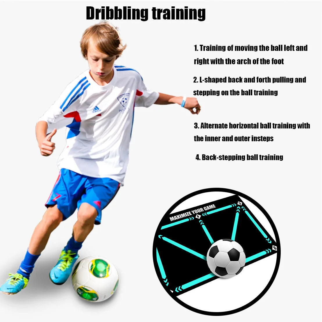 Black rectangular football training mat on grass, measuring 60 by 90 centimetres.