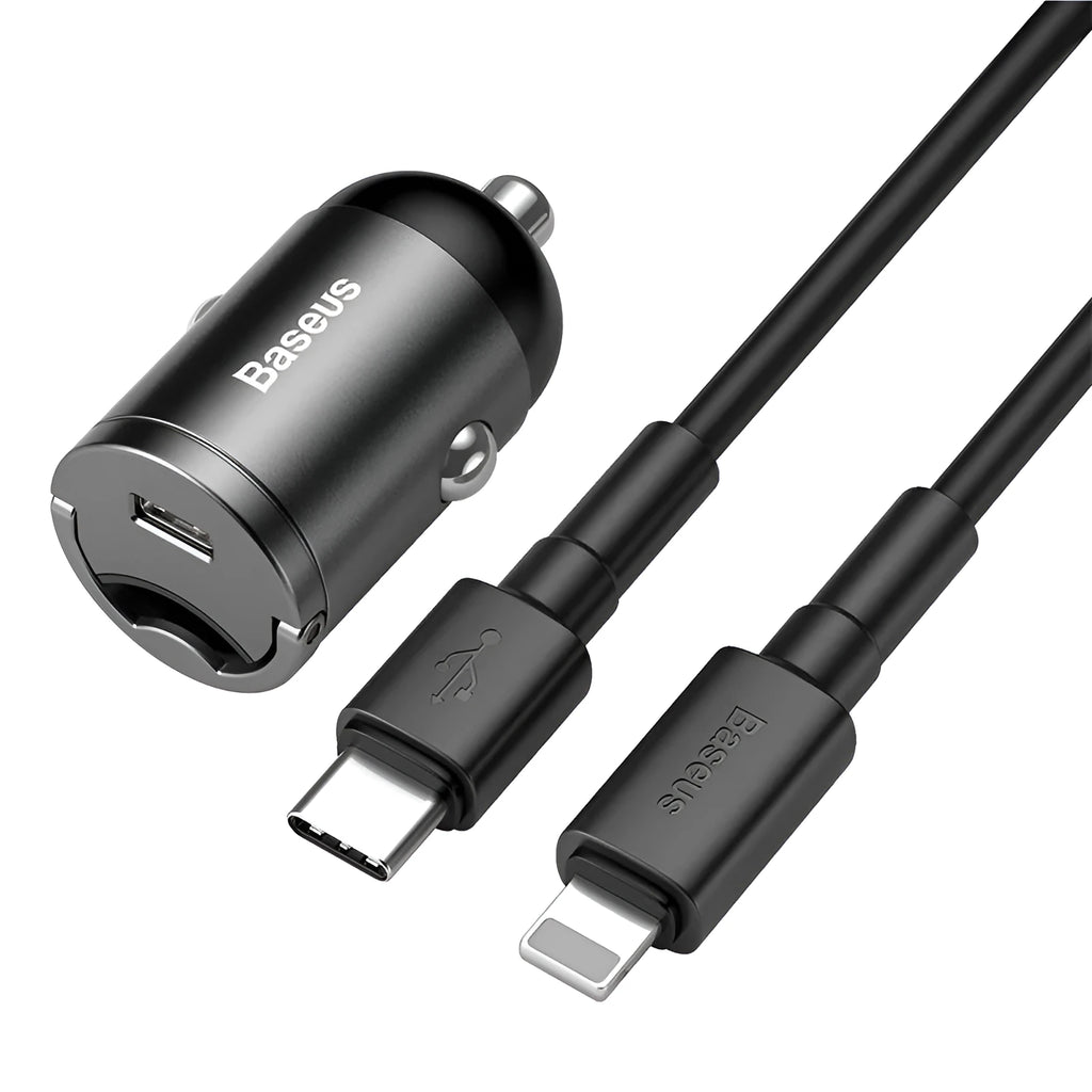 Baseus electro-optical grey car charger with USB port and 1 metre cable