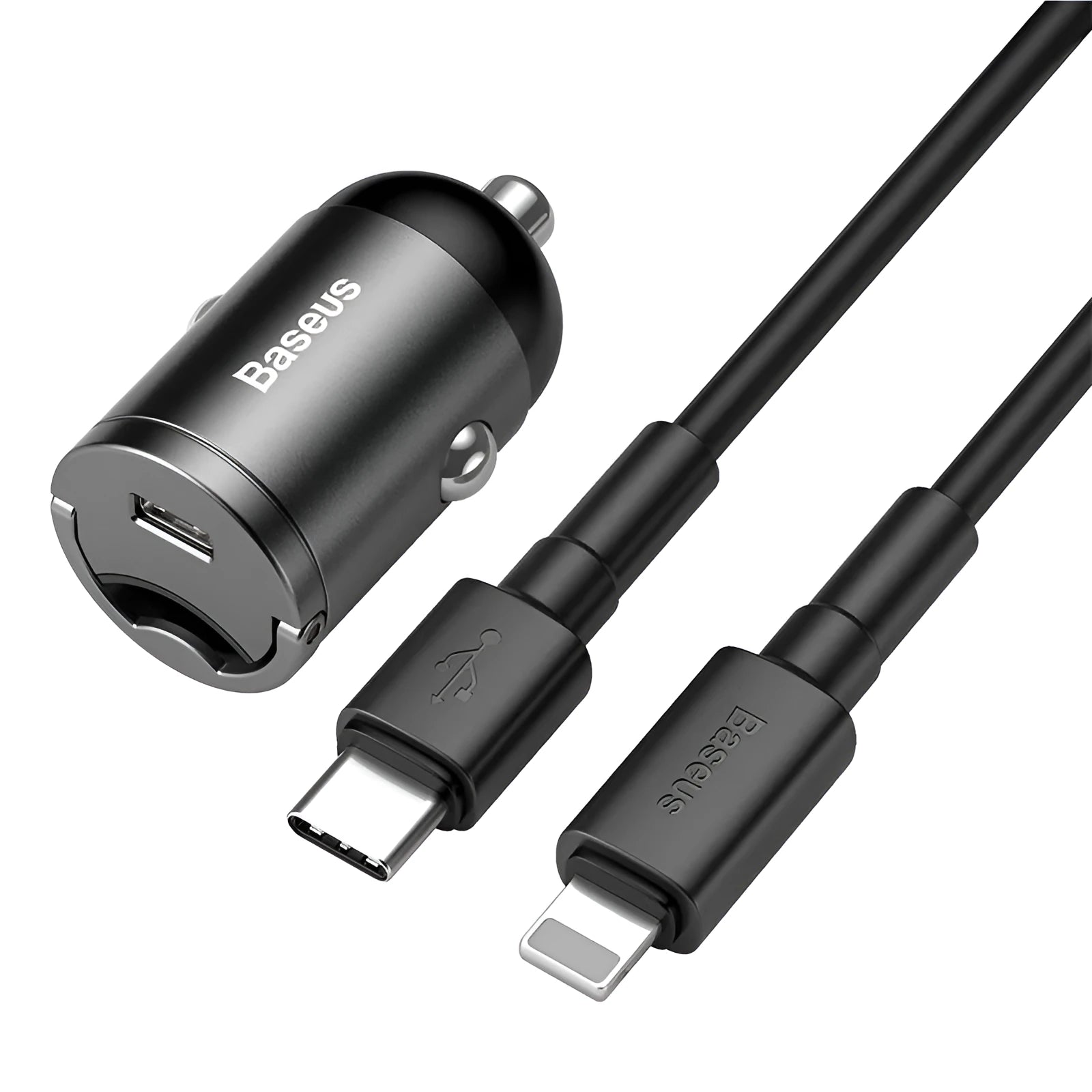 Baseus electro-optical grey car charger with USB port and 1 metre cable