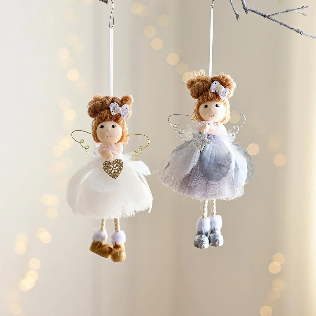 White Christmas tree angel girl ornament with snowflake design made from metal plastic cloth