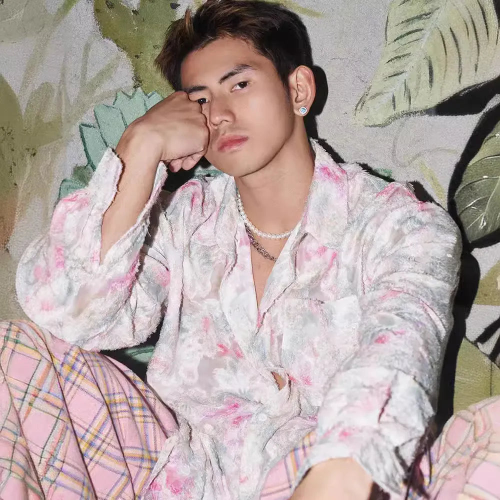 Embossed floral pattern long sleeve shirt in chemical fibre blend fabric available in pink and blue colours