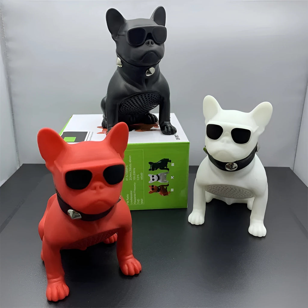 Mini full body bulldog Bluetooth speaker in black, red, or white colours with wireless connectivity
