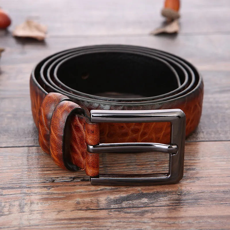 Men's business belt with alloy pin buckle and imitation leather strap in black elephant pattern, 120cm length