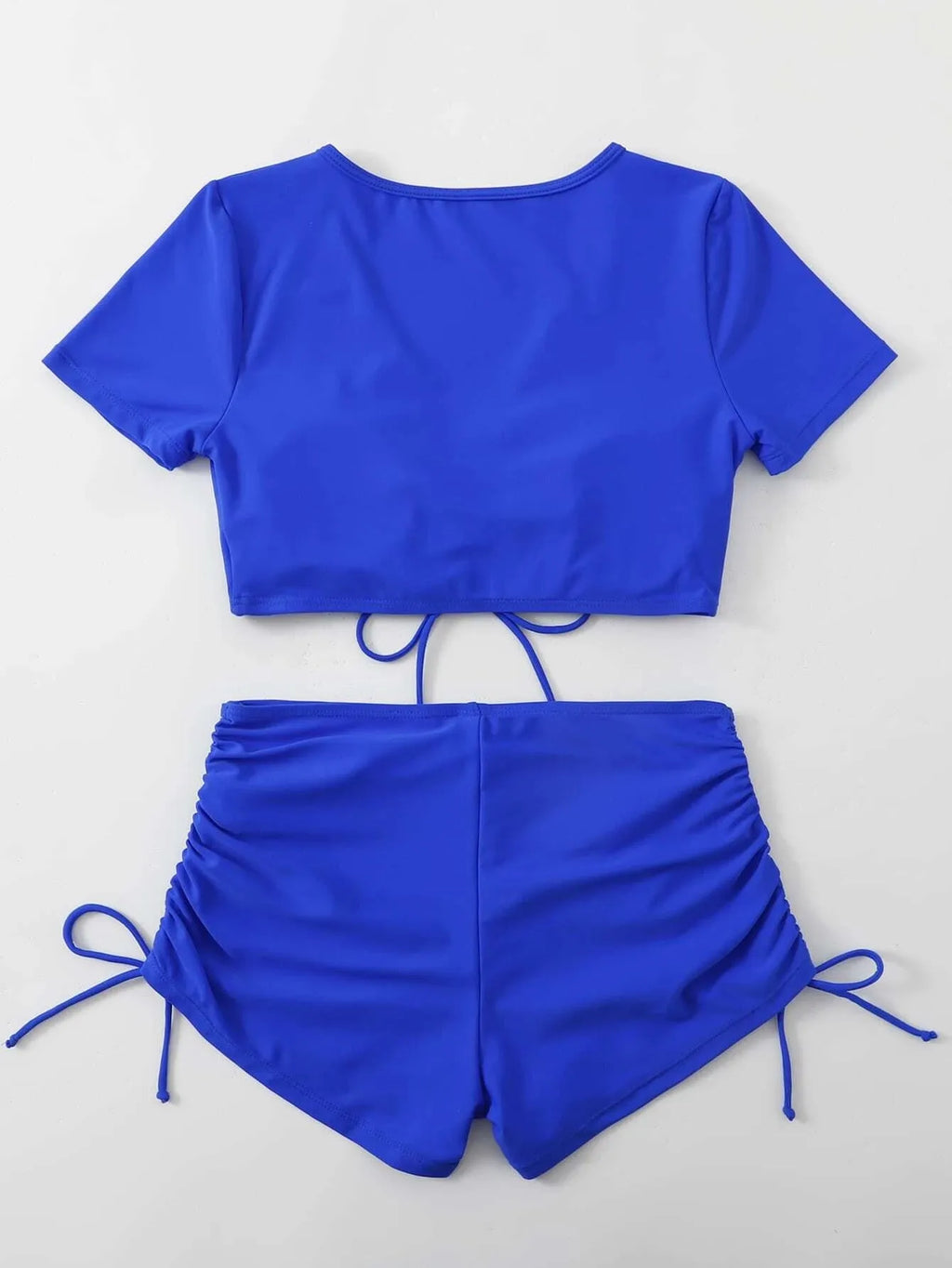 Ladies lace-up bow swimsuit set with matching shorts in polyester for swimming
