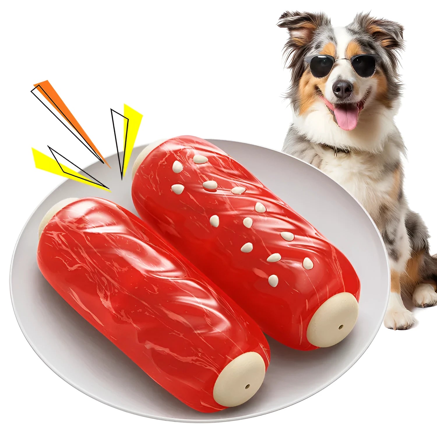 Primary colour plastic dog dental chew toy with molar rod shape and textured cleaning surfaces