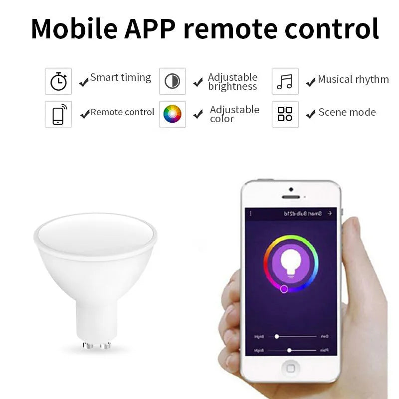GU10 smart spotlight bulb with RGBCCT lighting and voice control features
