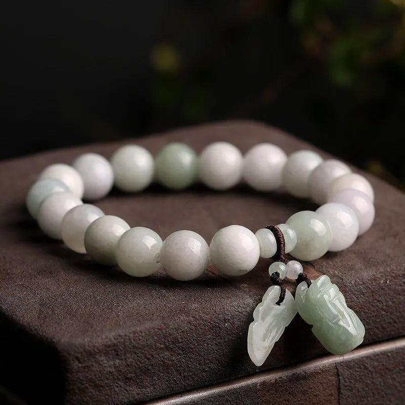 Natural emerald jade hanging bracelet with geometric shapes and Maitreya Buddha elements