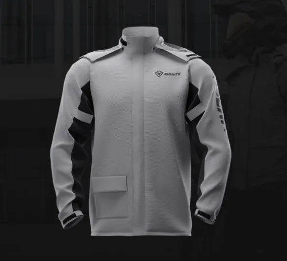 Motorcycle rain suit set showing split raincoat, rain pants, hidden shoe covers and storage bag