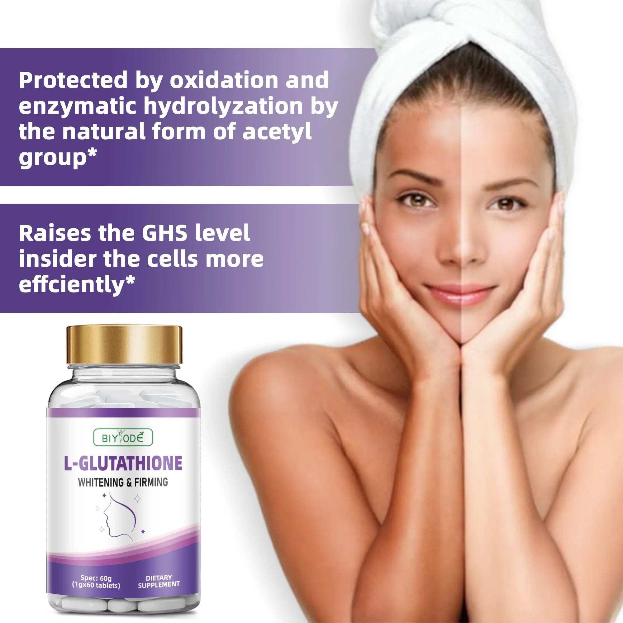 Bottle of Biyode L-Glutathione Tablets 60 tablets for skin whitening and firming original flavour