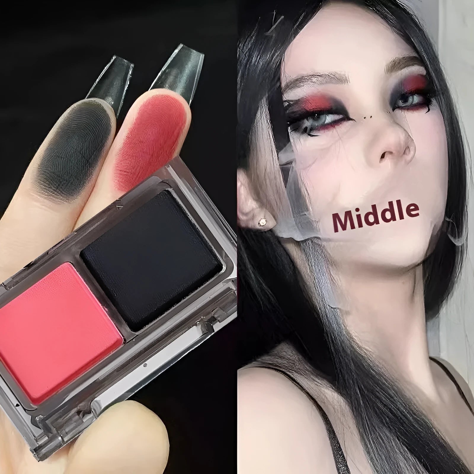 Two-tone eyeshadow palette showing pink and black matte shimmer powder in compact with five colour set options
