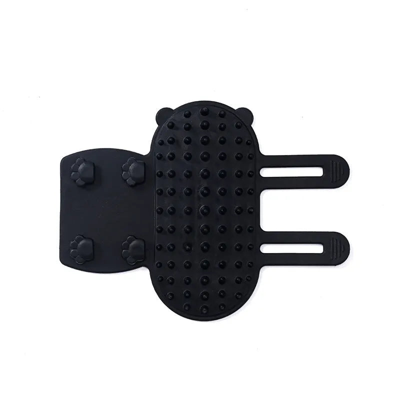 Silicone cat grooming brush with adjustable strap and rounded comb teeth in four colour options